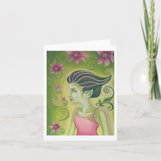 Green Fairy and Pink Flowers greeting card