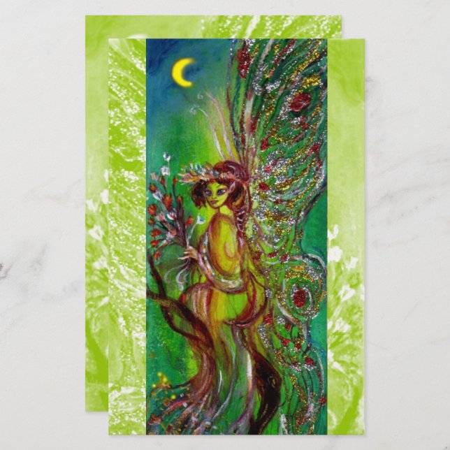 GREEN FAIRY HOLDING FLOWERS IN MOONLIGHT Fantasy Stationery (Front/Back)