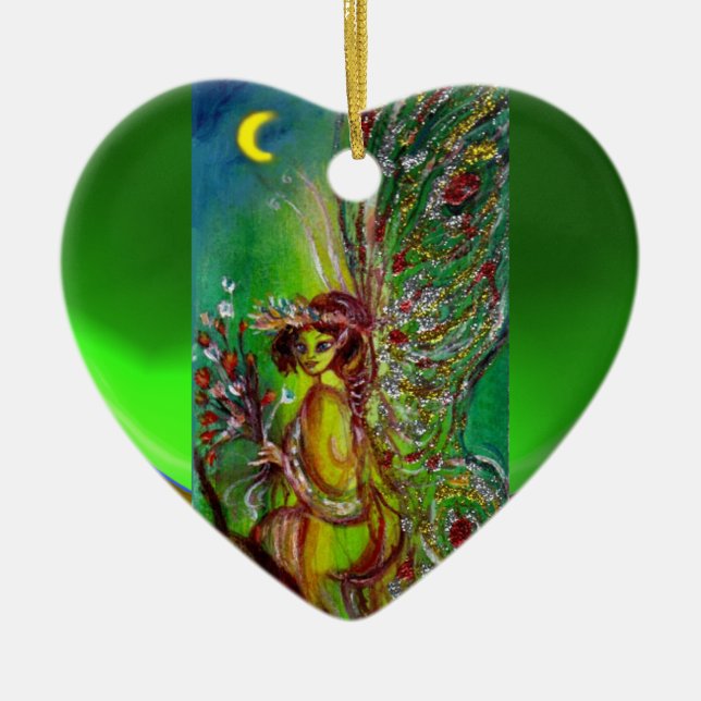 GREEN FAIRY IN THE MOONLIGHT Emerald Gemstone Ceramic Ornament (Front)