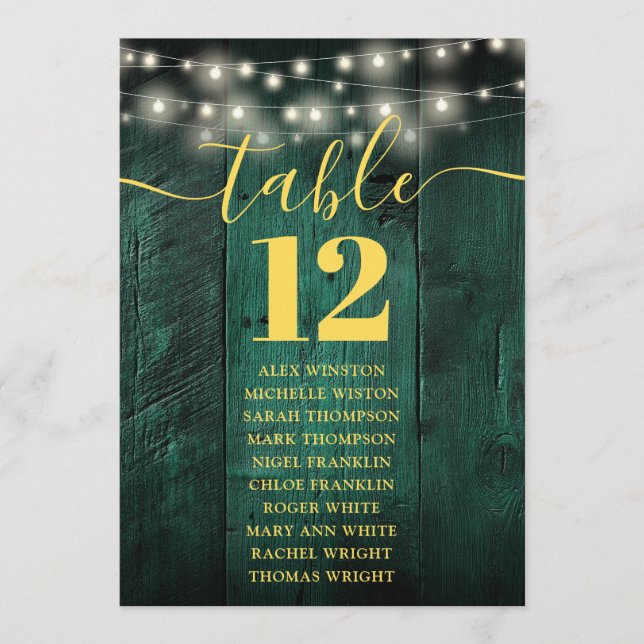 Green Fairy Lights Wood Table Number Seating Chart (Front)