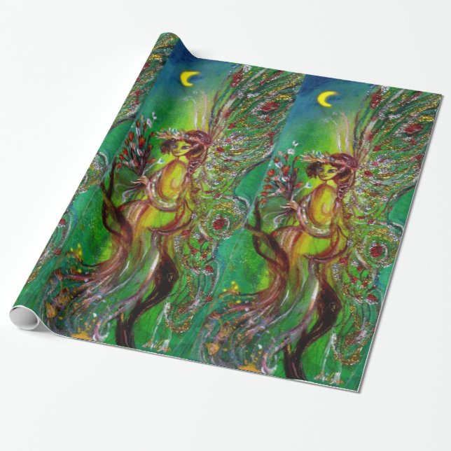 GREEN FAIRY WITH GOLD SILVER SPARKLES IN MOONLIGHT WRAPPING PAPER (Unrolled)