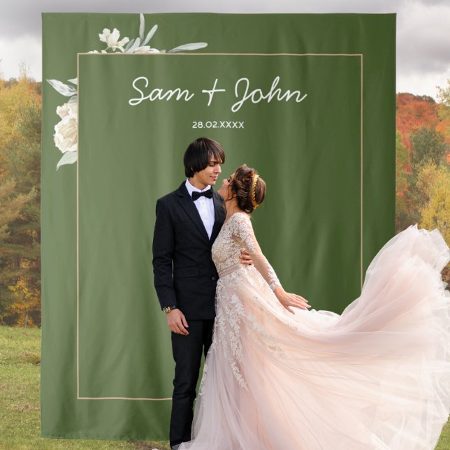Green Fall Autumn Wedding Photo Booth Backdrop Tapestry (Simple Autumn Leaves green Wedding Backdrop Tapestry with greenery watercolor floral
)