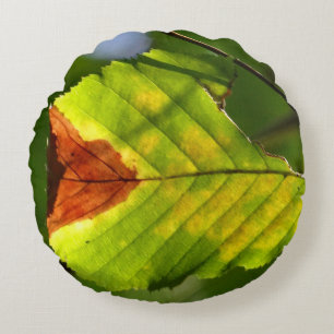 Green Fall Leaf Round Pillow