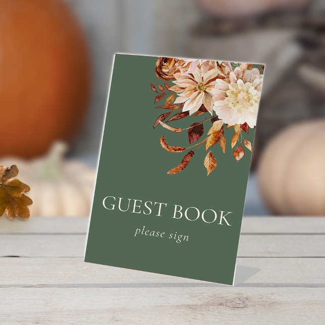 Green Fall Wedding Pedestal Sign (Sage Green Fall Watercolor Floral Guest Book Wedding Pedestal Sign by Painted Paperie
)