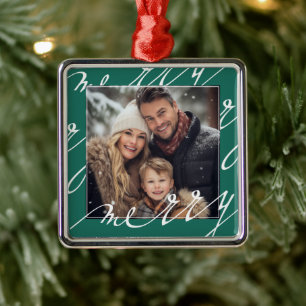 Green Fancy Script "Merry" Christmas Photo Metal Ornament