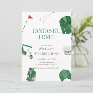 Green Fantastic Fore Preppy Golf Kids Birthday Invitation
