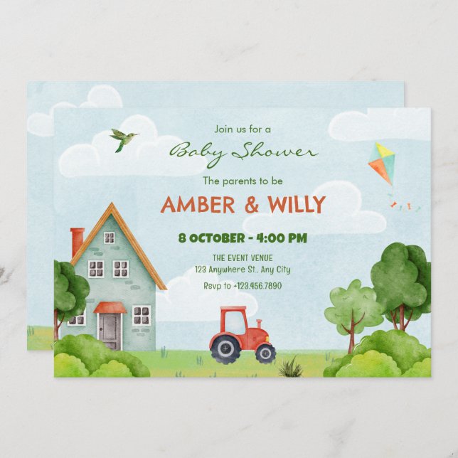 Green farm house baby shower invitation (Front/Back)