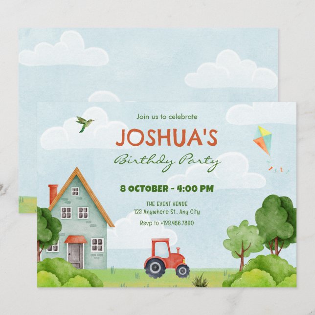 Green farm house birthday  invitation (Front/Back)