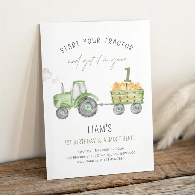 Green Farm Tractor 1st Birthday Party Invitation (Creator Uploaded)