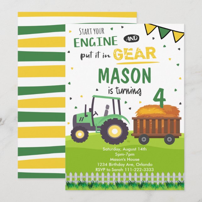 Green Farm Tractor Birthday Invitation (Front/Back)