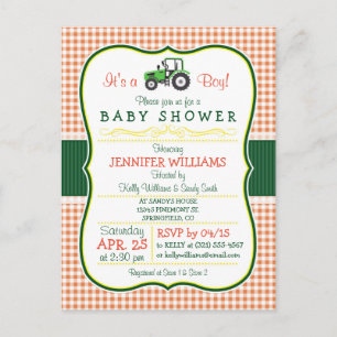 Green Farm Tractor Boy Baby Shower Invitation Postcard