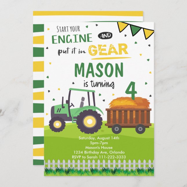 Green Farm Tractor Invitation d'anniversaire (Devant / Derrière)