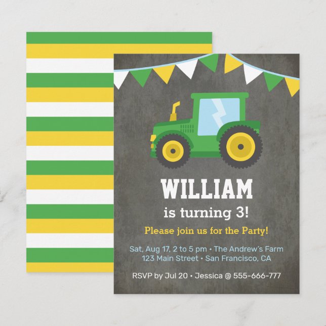 Green Farm Tractor Kids Birthday Party Invitation (Front/Back)