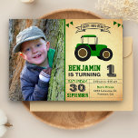 Green Farm Tractor Kids Photo Birthday Party Invitation<br><div class="desc">Amaze your guests with this cool tractor theme birthday party invite featuring a cute green farm tractor with vibrant typography on a vintage parchment background. Simply add your event details on this easy-to-use template and adorn this card with your child's favourite photo to make it a one-of-a-kind invitation. Flip the...</div>