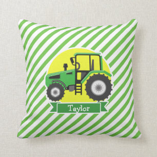 Green Farm Tractor with Yellow;  Green & White Throw Pillow