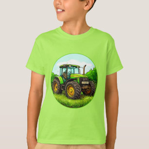 Green Farming Tractor on a Grassy Field T-Shirt