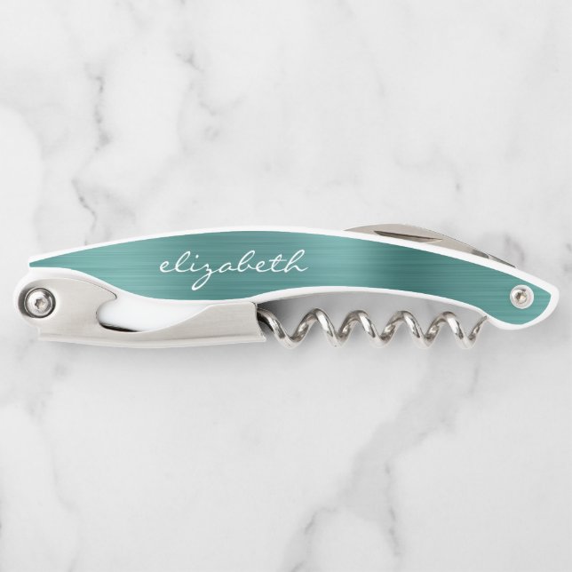 Green Faux Brushed Metal Personalized Script Corkscrew (Front)