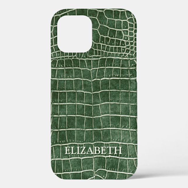 Green Faux Crocodile Leather Personalized Name Case-Mate iPhone Case (Back)