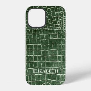 Green Faux Crocodile Leather Personalized Name iPhone 12 Case