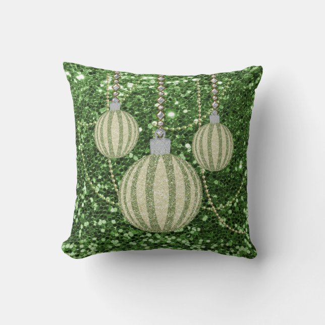 Green Faux Glitter Christmas Ball Ornaments Throw Pillow (Front)