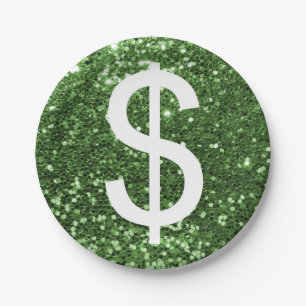 Green Faux Glitter Dollar Sign Pattern Paper Plate