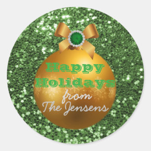 Green Faux Glitter Gold Ball Ornament Classic Round Sticker