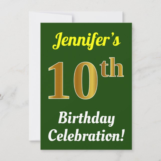 Green, Faux Gold 10th Birthday Celebration + Name Invitation (Front)