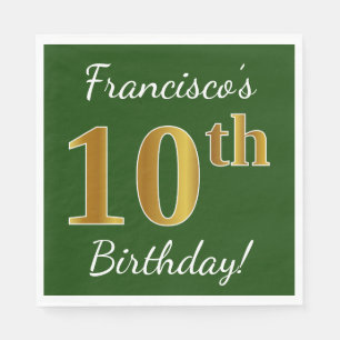 Green, Faux Gold 10th Birthday + Custom Name Napkin