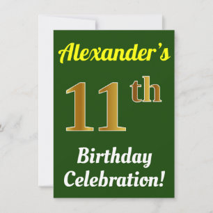 Green, Faux Gold 11th Birthday Celebration + Name Invitation
