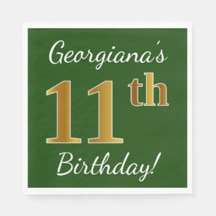 Green, Faux Gold 11th Birthday + Custom Name Napkin