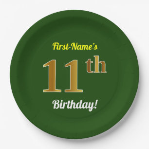 Green, Faux Gold 11th Birthday + Custom Name Paper Plate