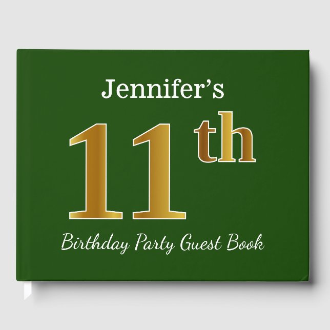 Green, Faux Gold 11th Birthday Party + Custom Name Guest Book (Front)