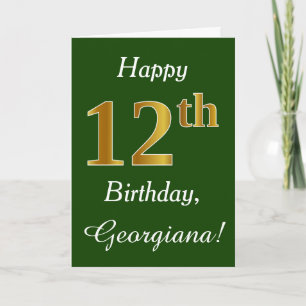 Green, Faux Gold 12th Birthday + Custom Name Card