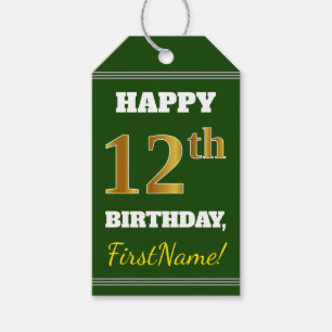 Green, Faux Gold 12th Birthday + Custom Name Gift Tags