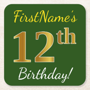 Green, Faux Gold 12th Birthday + Custom Name Square Paper Coaster