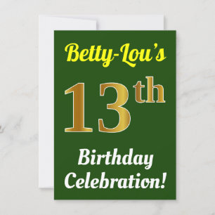 Green, Faux Gold 13th Birthday Celebration + Name Invitation