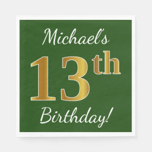Green, Faux Gold 13th Birthday + Custom Name Napkin