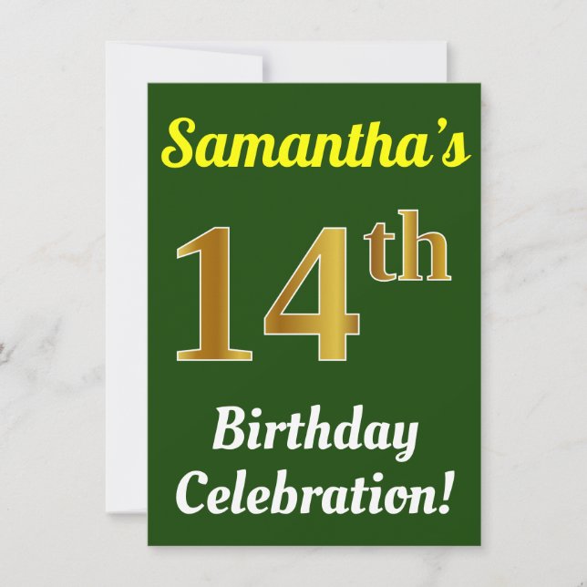 Green, Faux Gold 14th Birthday Celebration + Name Invitation (Front)