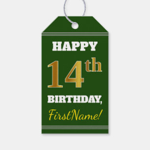 Green, Faux Gold 14th Birthday + Custom Name Gift Tags