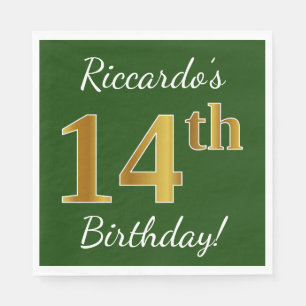 Green, Faux Gold 14th Birthday + Custom Name Napkin