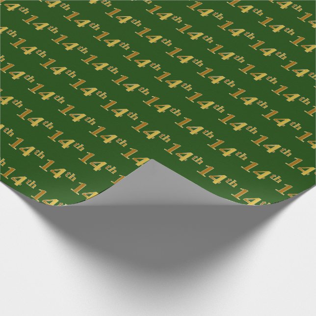 Green, Faux Gold 14th (Fourteenth) Event Wrapping Paper (Corner)