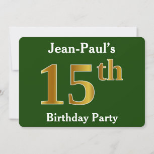 Green, Faux Gold 15th Birthday Party + Custom Name Invitation