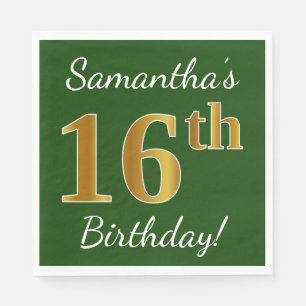 Green, Faux Gold 16th Birthday + Custom Name Napkin