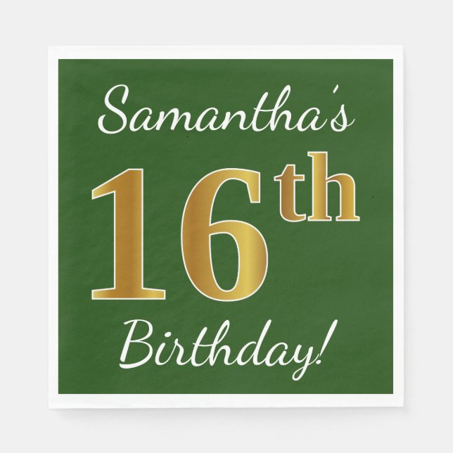 Green, Faux Gold 16th Birthday + Custom Name Napkin (Front)