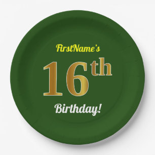Green, Faux Gold 16th Birthday + Custom Name Paper Plate