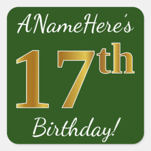 Green, Faux Gold 17th Birthday + Custom Name Square Sticker