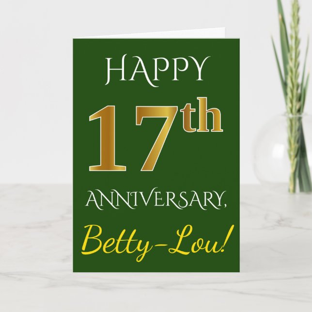 Green, Faux Gold 17th Wedding Anniversary + Name Card (Front)