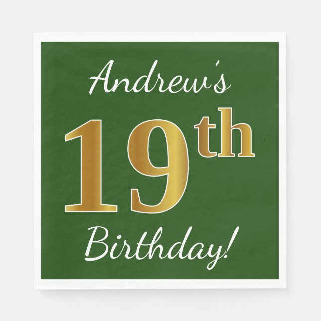 Green, Faux Gold 19th Birthday + Custom Name Napkin (Front)