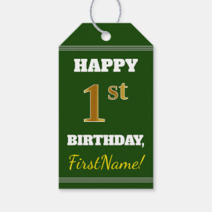 Green, Faux Gold 1st Birthday + Custom Name Gift Tags
