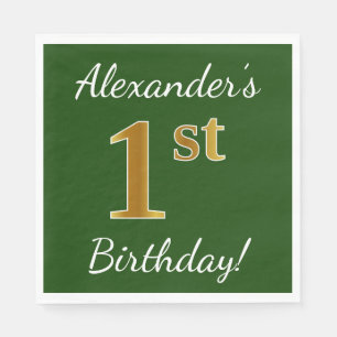 Green, Faux Gold 1st Birthday + Custom Name Napkin